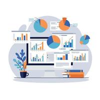 Computer screen displaying colorful graphs and charts in a modern flat design illustration vector