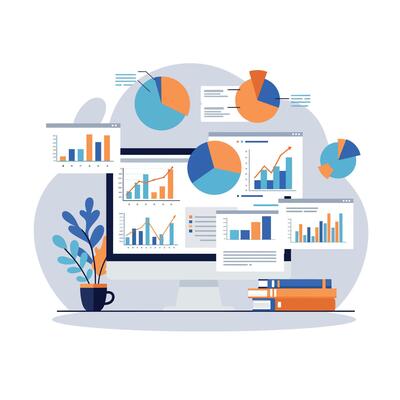 Computer screen displaying colorful graphs and charts in a modern flat design illustration