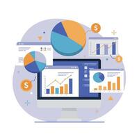 Computer screen displaying colorful graphs and charts in a flat, modern design illustration vector