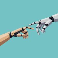 Human hand reaching towards robotic hand in minimal flat art vector