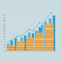 Stacked gold coins with blue bar chart showcasing financial growth in flat art vector