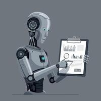 Robot analyzing data with clipboard in minimal flat design art vector