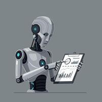 A futuristic robot analyzing data on a clipboard in a minimalistic design illustration vector