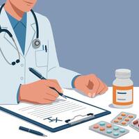 Doctor writing a prescription on a clipboard with medication bottles in a flat illustration vector