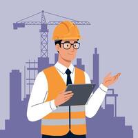 Construction worker in safety gear with clipboard discussing project details in flat art vector