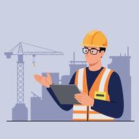 Construction worker in safety gear discussing project details in minimal illustration vector