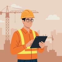 Construction worker in orange safety gear using tablet in flat art vector