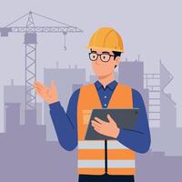 Construction worker in safety gear explaining project details in minimal art vector