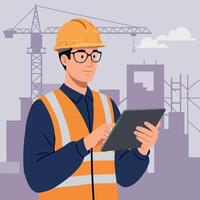 Construction worker in safety gear using tablet in a flat illustration vector