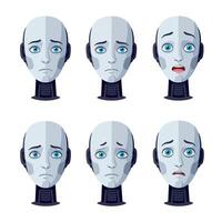 Robot faces displaying various emotions in flat illustration style showcasing sadness, fear, and surprise vector