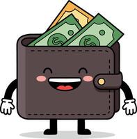 Happy cartoon wallet with money and cheerful expression in flat art vector