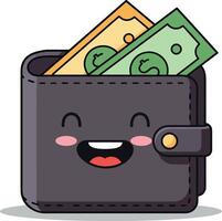 Happy cartoon wallet with cash, smiling face, flat design art vector
