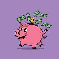 Happy pink piggy bank dancing with flying dollar bills in a flat illustration vector