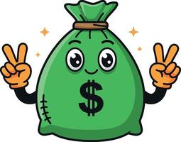 Happy money bag character with peace signs in a colorful flat illustration vector