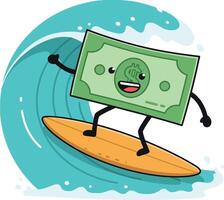 A playful dollar bill surfing on a wave, featuring a cartoonish design style, vibrant colors, and cheerful expressions in art vector