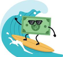 A playful dollar bill surfing on a vibrant wave in a flat art style vector
