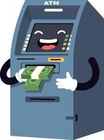 Happy ATM dispensing cash with a cheerful expression in flat art vector