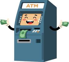 Happy ATM machine dispensing cash in a playful flat illustration style vector