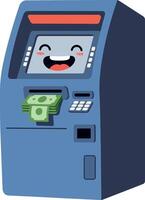 Cheerful ATM machine with smiling face and cash dispensing in flat art vector