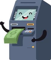 Happy ATM dispensing cash with smiling face in playful flat illustration vector