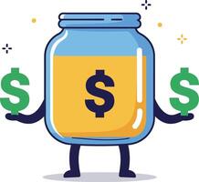 Money jar character with dollar signs in hands, flat design art vector