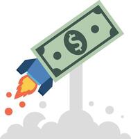 A dollar bill launching into space with rocket flames in a flat illustration vector