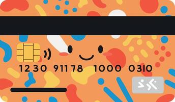 Colorful abstract credit card design featuring playful shapes and patterns in a flat illustration vector