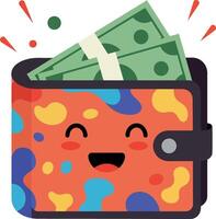 Happy wallet overflowing with cash in a colorful, playful design style illustration vector