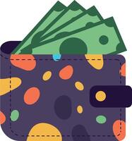 Colorful wallet with cash in a flat design style showcasing fun patterns art vector