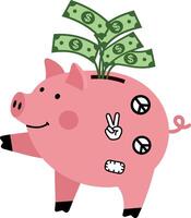 A cheerful pink piggy bank design in flat style with dollar bills sprouting, art vector