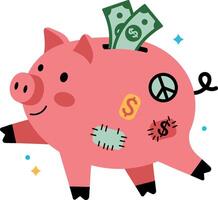 Cute pink piggy bank with dollar bills, playful design style, colorful patterns in art vector
