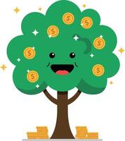 Cheerful cartoon tree with smiling face and coins, flat illustration vector