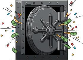 Safe door bursting open with flying cash and confetti in a flat illustration vector