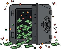 Open safe overflowing with cash and colorful confetti in flat art vector