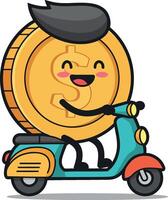 Happy cartoon coin character riding a colorful scooter in a playful and minimal illustration vector