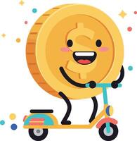 Happy coin character riding a scooter in a colorful flat illustration vector