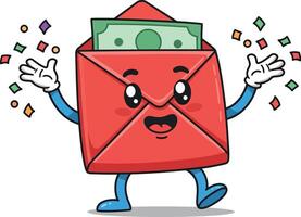 Cheerful envelope character with money celebrating in a colorful, playful style art vector