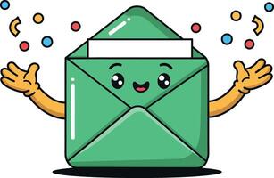 Green envelope with smiling face celebrating, flat design illustration vector