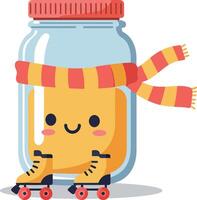 A cheerful jar character wearing roller skates and a colorful scarf in flat art vector