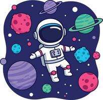 Astronaut floating in space surrounded by colorful planets and celestial bodies in playful flat art vector