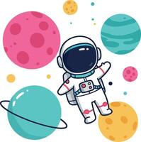Astronaut floating among colorful planets in a whimsical flat illustration vector