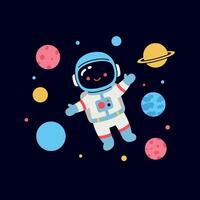 Cute astronaut floating in space surrounded by colorful planets in flat art vector