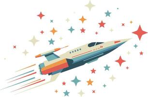 A retro-style rocket ship soaring through colorful stars in a flat illustration vector