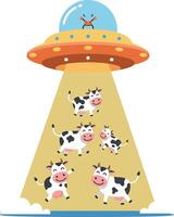 A whimsical UFO abducting playful cows in a colorful flat illustration vector
