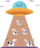 A cheerful UFO beaming up playful cows in a flat, colorful illustration vector