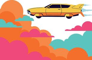 Yellow vintage car soaring through colorful clouds in a flat design illustration vector