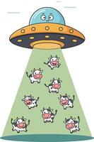 A whimsical flying saucer abducting playful cartoon cows in a flat illustration vector