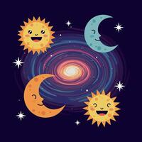 Cheerful suns and moons dancing in a colorful galaxy, flat art vector