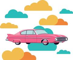Classic pink car floating amidst colorful clouds in a flat illustration vector