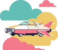 Futuristic airplane soaring through colorful clouds in flat art vector